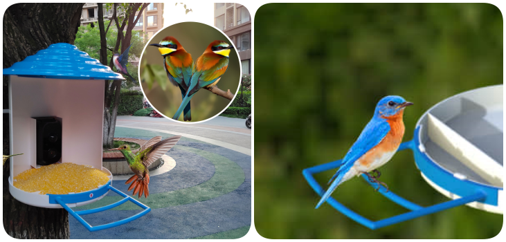 Sherem Smart Hummingbird Feeder with Camera collage with bird species