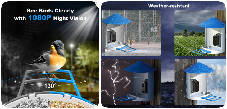 Sherem Smart Hummingbird Feeder with Camera collage with features
